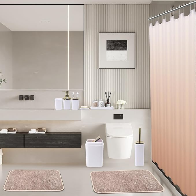 XLHOMO Bathroom Accessory Set–Bathroom Set with Shower Curtain and Rugs, No Slip Bathroom Rugs Super Absorbent,White Ombre Waterproof Shower Curtain with Hooks, White Bathroom Sets Complete for Home