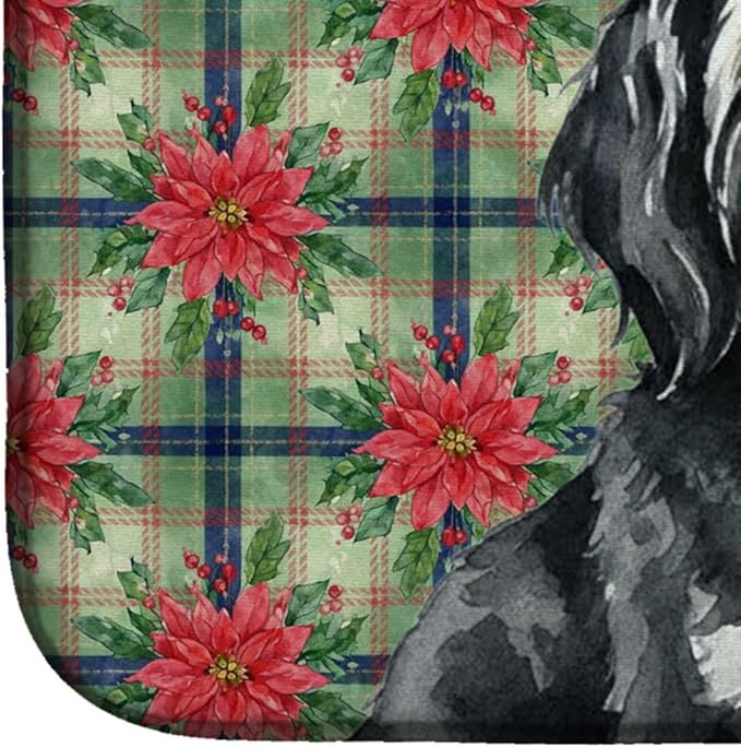 Caroline's Treasures Black and White Tibetan Terrier Christmas PoinsettIas Dish Drying Mat Absorbent Dish Drying Mat Pad for Kitchen Counter Dish Drainer Mat for Countertop, 14 x 21", Multicolor