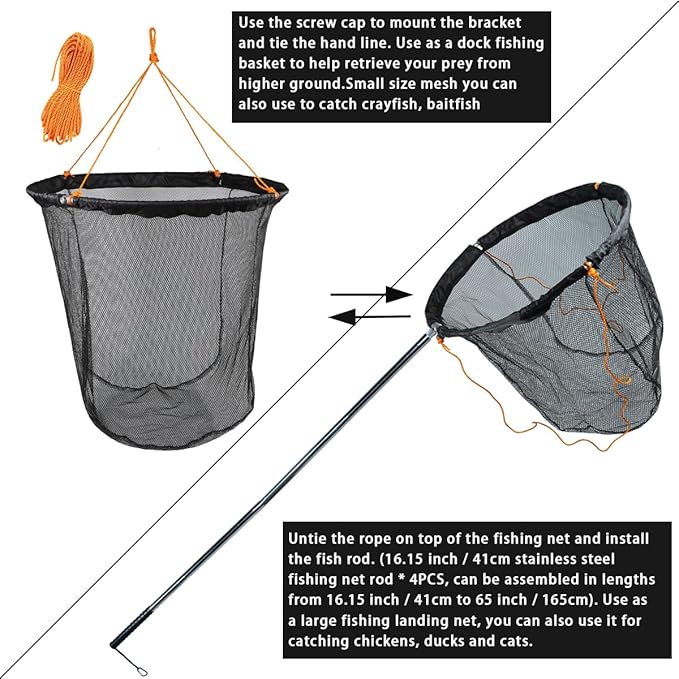 Drasry Large Collapsible Bridge Pier Fishing Net Landing Net with Rod, High Load Aluminum Ring Drop Net for Saltwater and Freshwater Pier Fishing Basket with 49.2 ft. Rope