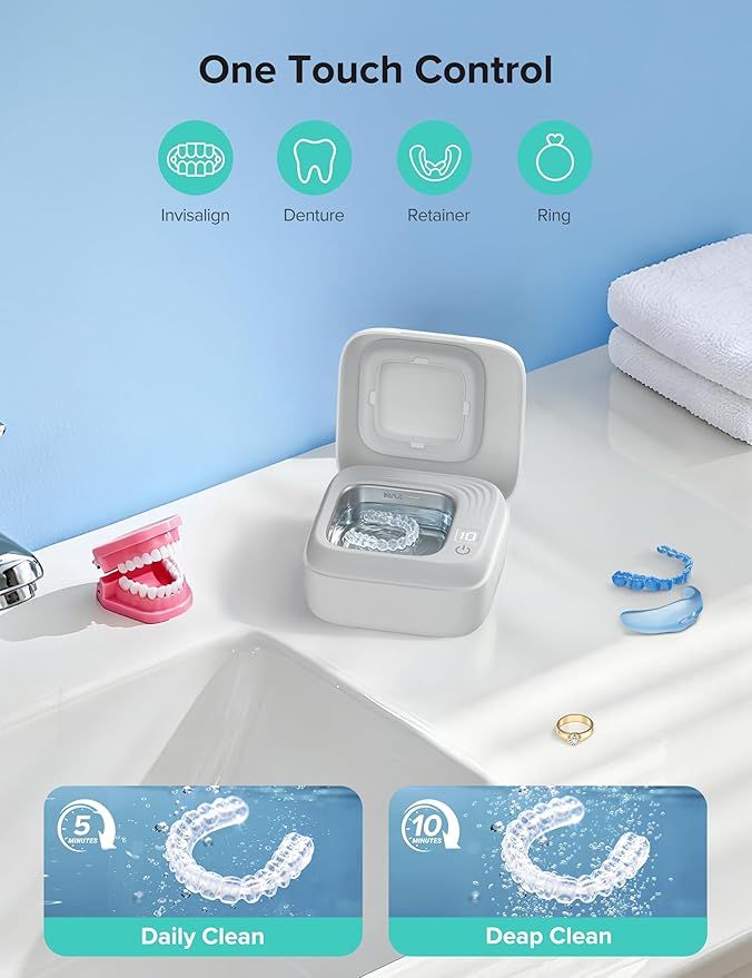 Ultrasonic Retainer Cleaner, Rechargeable Retainer Cleaner Machine, 50kHz Ultrasonic Cleaner for Night Guards, Mouth Guards, Dentures, Braces, Aligner, 170ML, 2 Modes