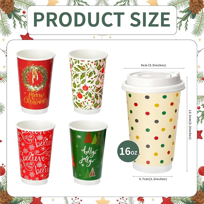 Nihuecne 50 Pack 16 oz Christmas Disposable Coffee Cups with Snap-on Lids - for Hot or Cold Drinks, Paper Coffee Cups for Xmas Holiday Table Decorations Party Supplies, 5 Assorted Christmas Styles
