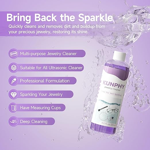 Upgraded KUNPHY Jewelry Cleaner, Professional Ultrasonic Jewelry Cleaner Solution for All Ultrasonic Cleaners, Multi-Purpose Ring Cleaner for Silver, Gold, Diamonds and Eyeglasses, 8.5 Oz * 2 Packs
