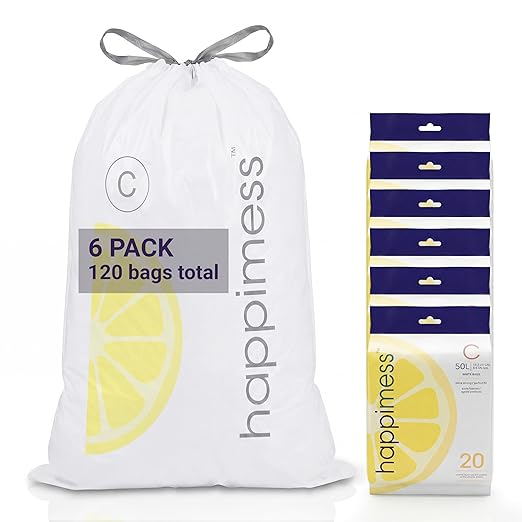 happimess 13.2 Gallon (50L) Drawstring Trash Bags, Lemon Scent, White, Heavy Duty MDPE Liners for Kitchen and Household, Odor Control, Custom Fit 120 Count (6 Packs of 20 Liners) HPM3100C-W-6SET