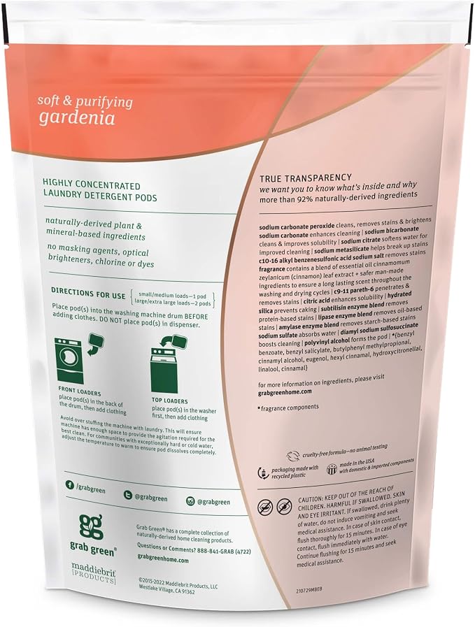 Grab Green 3-in-1 Laundry Detergent Pods, 24 Count, Gardenia | Plant & Mineral-Based; Enzyme-Powered; Velcro Closure; Laundry Brightener; Stain Remover