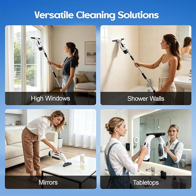 Window Vacuum Squeegee Cordless with Extension Pole 31-40", 2000Pa Window Cleaner Tool with 2200mAh & 150ml Dirty Water Tank, Reusable Cleaning Cloth Head, for Shower Door, High Window &Car Windshield