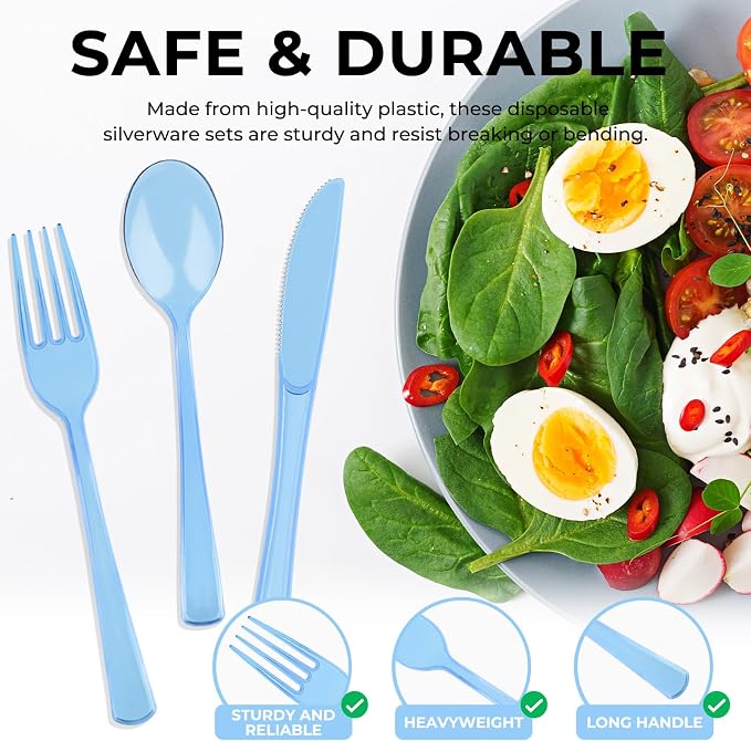 75 PCS Plastic Silverware Disposable Silverware Heavy Duty Utensil Sets 25 Of Each Forks Knives & Spoons Disposable Cutlery Set For Easter,Birthday,Baby Shower,Garden Party,Wedding(75,Light Blue)