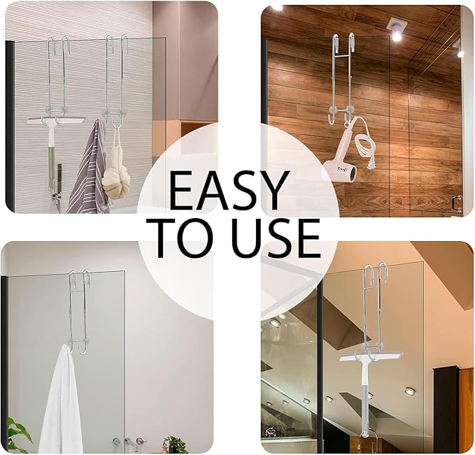 Shower Door Towel Hooks - 9"~13" Length Adjustable Hook for Frameless Over The Door Glass, Squeegee Holder, Towel Hanger for Bath Suits Rozer Robes Loofahs Shavers, Stainless Steel, 2-Pack, Silver
