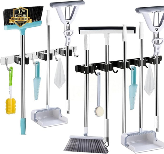3 Racks and 4 Hooks & Black 5 Racks and 4 Hooks Broom and Mop Holder Wall Mounted Garage Organizer Storage Tool Racks Stainless Steel Heavy Duty Hooks Self Adhesive Solid Non-slip Wall Hangers