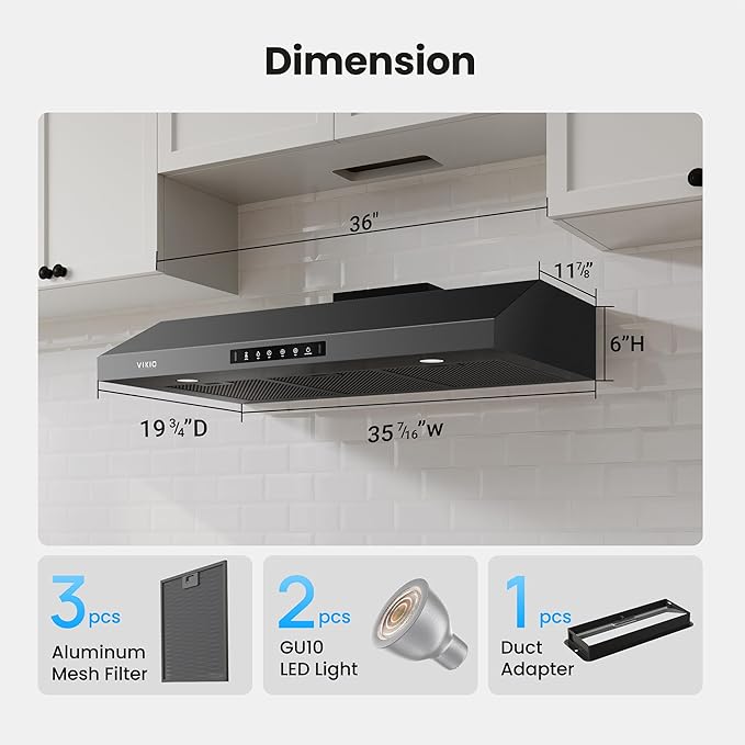 VIKIO HOME 36 Inch Under Cabinet Range Hood 900 CFM, Dual Motor Powerful Kitchen Vent Hood, Gesture & Touch Control, Ultra Quiet DC Motor, Dishwasher-Safe Filters, LED Lights, Black