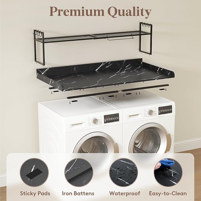 Lifewit Washer Dryer Countertop with Adjustable Shelf, Melamine Cover for The Top with Edge Rails, Towel Rack for Laundry Room Storage and Organization, Hold 200lbs, Black Marble, 54" x 27.5"