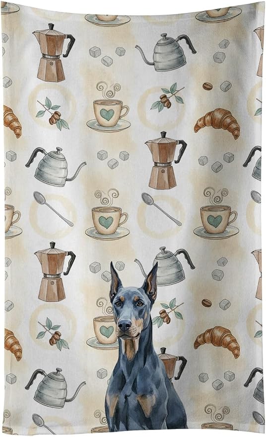 Caroline's Treasures Blue Doberman Pinscher Coffee Bar Kitchen Towel Velour Plush Front and Cotton Loop Back Machine Washable