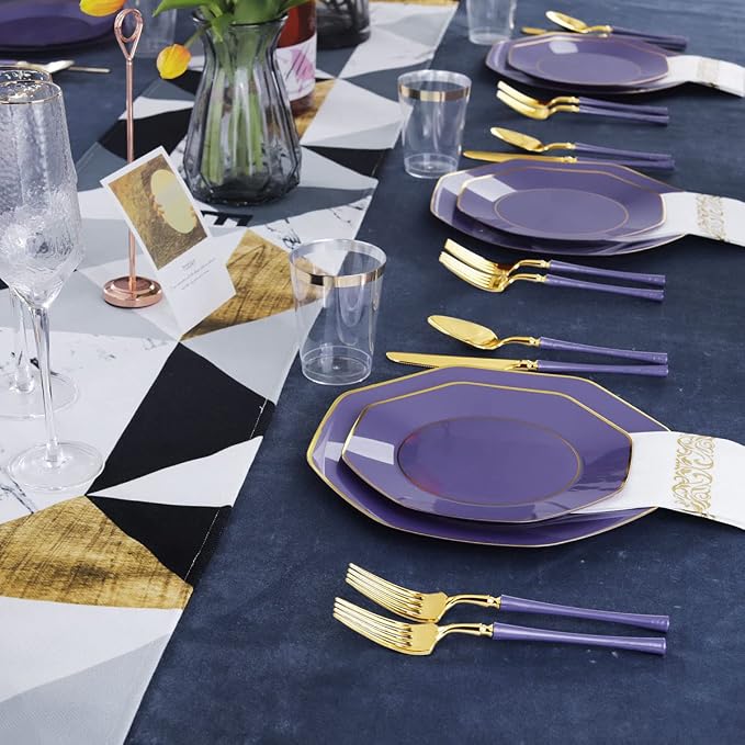 KIRE 140Pcs Purple Plastic Plates with Gold Rim& Gold Disposable Plastic Silverware with Handle&Clear Cups&Hand Napkin- Geometric Purple Plastic Plates for Parties/Wedding