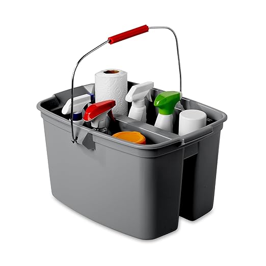 Rubbermaid Commercial Products Double Pail Plastic Bucket for Cleaning Easy to Carry 19 Quart Gray Cleaning Caddy Supplies Organizer with Handle for Bathroom/Kitchen