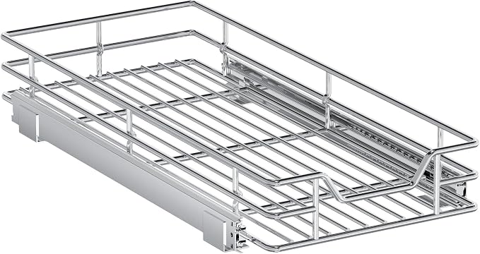 Pull Out Cabinet Organizer, 10.5" W x 21.5" D, Heavy Duty Chrome Slide Out Shelf for Narrow Base Cabinets, Sliding Wire Basket Drawer for Spices, Bottles, Snacks & Cleaning Supplies