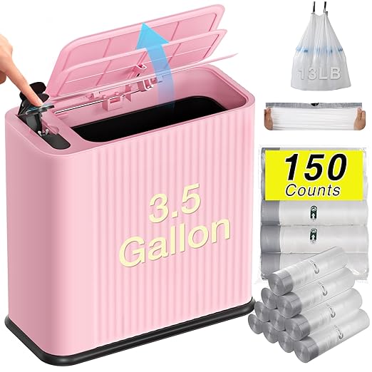 Bathroom Trash Can with Lid 13 Liter/ 3.5 Gallon Pink Trash Can with Pop-Up Lid Bedroom Trash Can Small Garbage Can with 150 Counts Trash Bags for Small Bathroom Bedroom Office