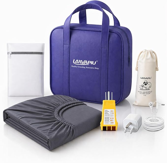 Grounding Sheets Twin 10% Silver Fiber Grounding Fitted Sheet Earth Bed Sheet with Outlet Tester,Adapter,Cord，Wool Dryer Balls,Laundry Bag (39"x75"x15",Gray)