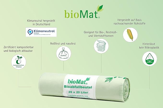 bioMat Compostable Trash Bags 4 Gallon, 50 Count, Small flat top Kitchen Food Scrap Bin Liners, BPI, CMA and OK Compost HOME certified, Meets the ASTM D6400 Standard
