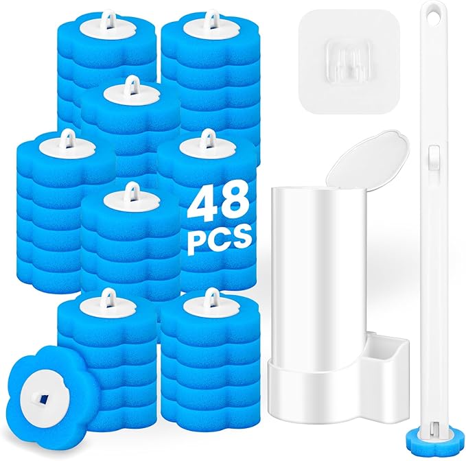 Disposable Toilet Brush and Holder Set, Toilet Wand Refills, Extended Handle with 48 Cleaner Refills, Toilet Brush for Toilet Bowl Cleaners, Bathroom Cleaning