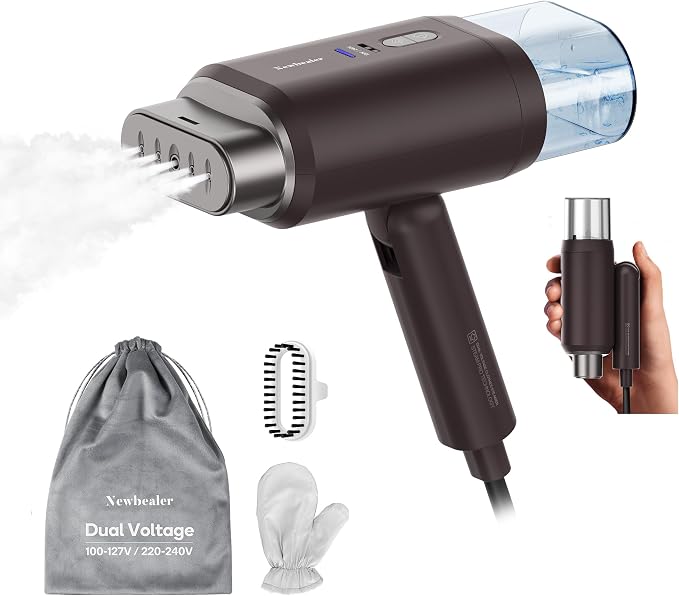 Newbealer Pro Business Travel Steamer, 1200W Dual Voltage, 180ml (Brown) | Foldable & 20s Fast Heat, 360° Anti-Spill Garment Steamer, Solid 1.72 lbs, Auto-Off, for Global Business Trip/Hotel/Office