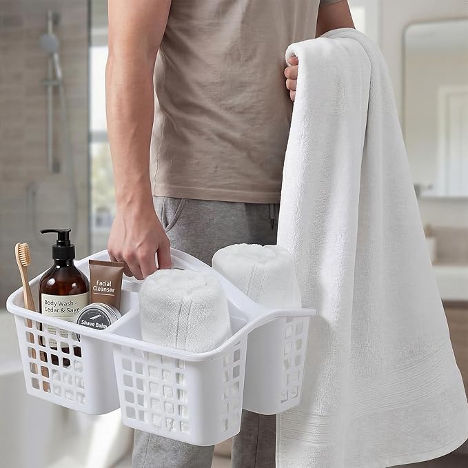 Tigeen 4 Pcs Portable Shower Caddy Basket with Compartments and 1 Cotton Bath Towels & 2 Hand Towels Plastic Divided Cleaning Caddy Organizer Storage Tote Kit for Bathroom College Dorm Room(White)