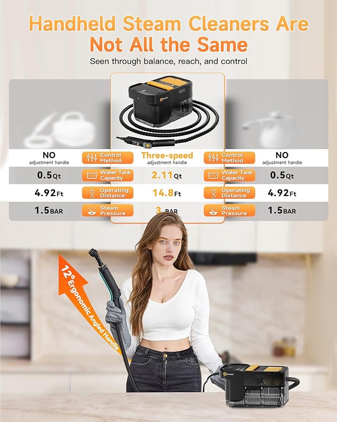 Gautye Steam Cleaner, 3 Level Adjustable Handle with 18 Accessories, Black | 10s Heat Up, 2.11 Quarts Tank, Handle Steam Cleaner for Home, Steamer for Cleaning for Kitchen, Grout, Dirt, Tile, Floor, Car