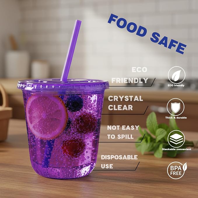 12oz Disposable Stemless Glasses with Flat Lids and Straws,PET Disposable Drinking Cups,Clear Plastic Wine Glasses for Parties Birthday,Wedding,Meeting,Christmas Party Supplies. (100, Purple)