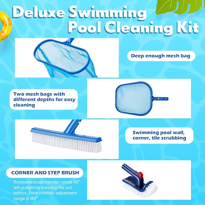 FillTouch Swimming Pool Cleaning Kit Including 3 Pool Skimmer Net 3 Brush and Aluminum Adjustable Pole for Cleaning Walls Ideal Clean Kit for Above Ground