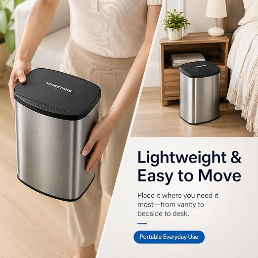 DZT-8-1 8L Stainless Steel Smart Trash Can with Motion Sensor | Touchless Auto-Open Lid | Compact Countertop Waste Bin for Bathroom, Kitchen & Office | Quiet Soft-Close | Battery Powered