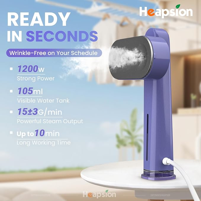 Heapsion 2-in-1 Steamer & Iron for Clothes, 1200W Portable Handheld Travel Garment Steamer, 30s Fast Heat-Up, Ultra Lightweight with 90° Rotating Head, Self-Cleaning, Large Ceramic Panel, Fabric-Safe