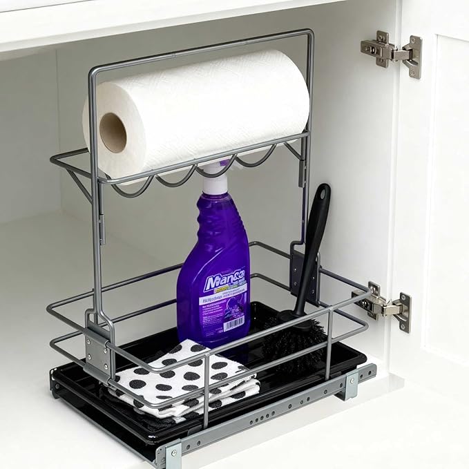 Under Sink Organizer（11.18" W X15 D） Pull Out Cabinet Organizer For Cleaning Supplies, Under Sink Slide Out Cleaning Caddy, Under Kitchen Bathroom Sink Organizer