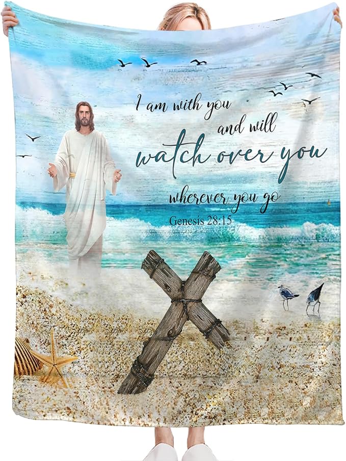 Tijuboni Christian Religious Jesus Throw Blanket Ocean Beach Gifts for Women Men Girls Boys Kids Adults Soft Flannel Fleece Blanket for Couch Sofa Bed Home Decor 60"x80"