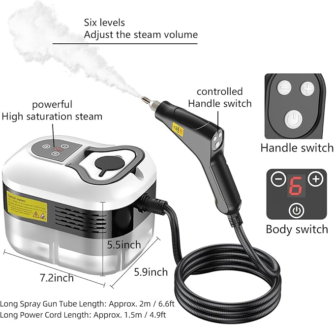 Handheld Steam Cleaner, 1200ml Portable High Temperature Pressurized Cleaner with 2m Spray Gun, 6 Adjustable Settings, for Home Furniture, Clothes, Kitchen, Bathroom
