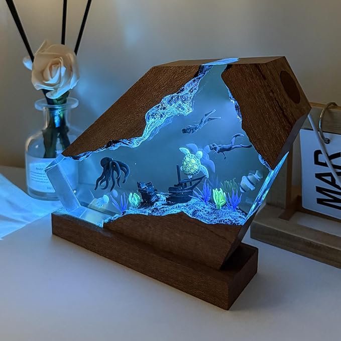 Octopus Resin Lamp, Handcrafted RGB Ocean Lamp with Wooden Base,Octopus Decor for Bedroom, Scuba Diving Gifts for Him & Her, Unique Birthday & Holiday Gifts (S 6"X4")