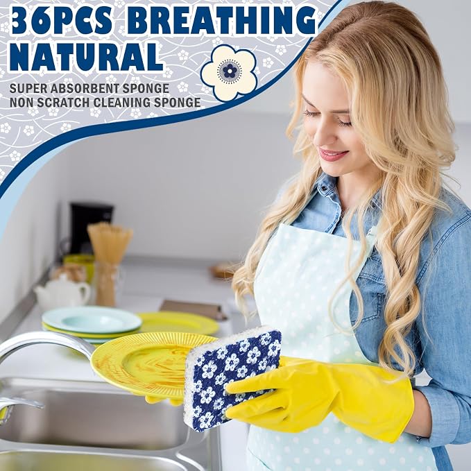 Hahafelt 36 Counts Compressed Cellulose Sponges Bulk Pop up Japanese Pattern Natural Kitchen Compostable Non Scratch Dish Sponges for Washing Dishes, Cleaning Countertop Sink
