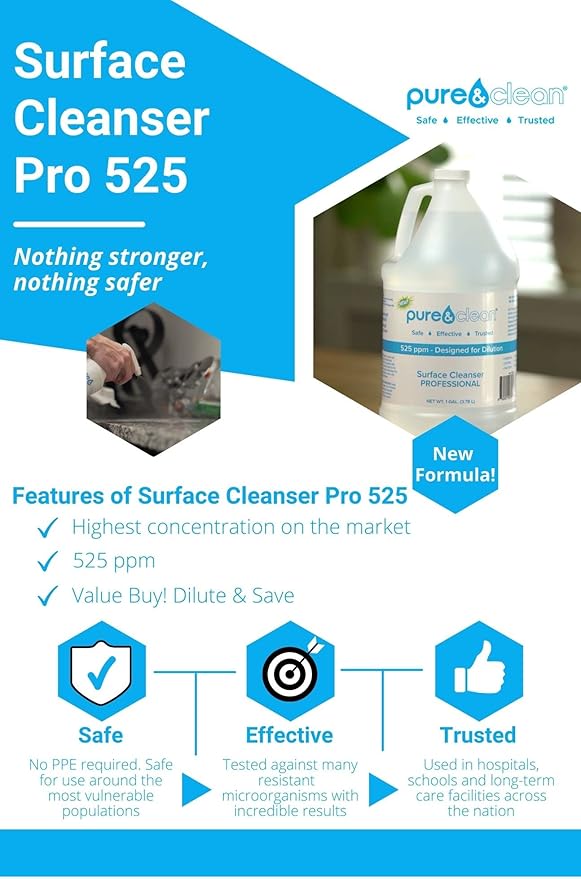 PURE & CLEAN Multi Surface Cleaner Hypochlorous Acid Cleaning Solution Powerful HOCl for Use On Most Any Surface All Purpose Cleaner Hospital Grade, Safe For Foggers, 1 Gallon