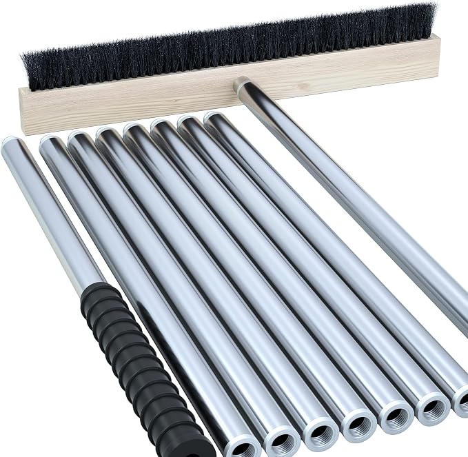 Leaf Roof Brush Cleaning Kit, Stainless Steel Pole (Extends 2ft to 16.5ft), Includes Gloves & Rake for All Roof Types & Solar Panels