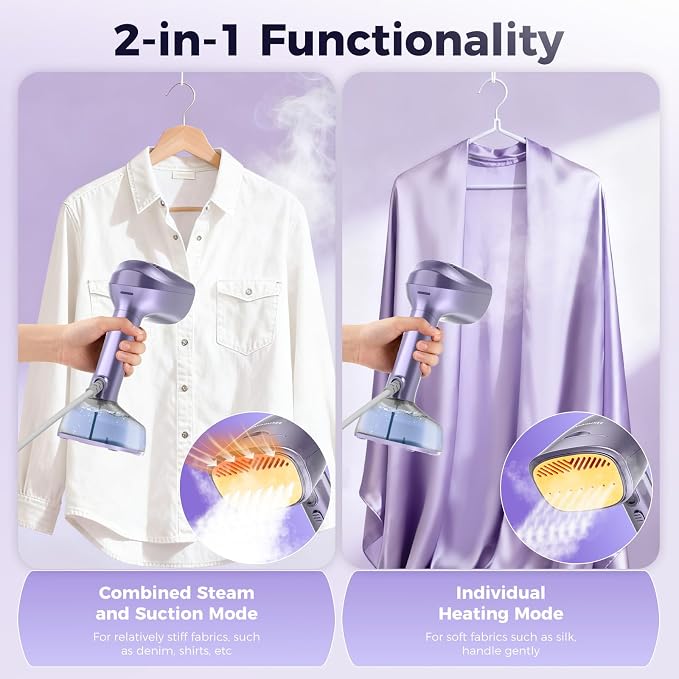 Vacuum Steamer for Clothes, 3500Pa Suction Handheld Clothes Steamer,Equipped with multiple modes，Portable Travel Steamers for Clothes, Steaming & Ironing 2 in 1，400ml Water Tank (for 110-120V)
