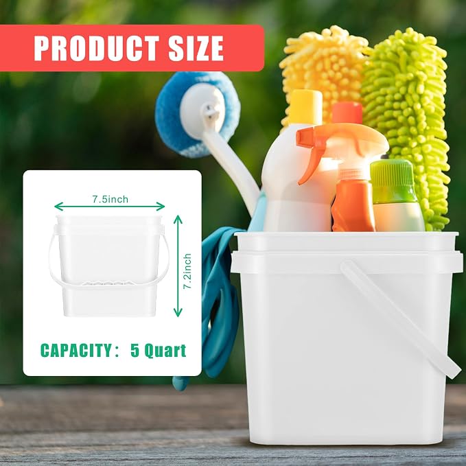 Jingmore 4 Pcs Plastic Bucket 5 Quart Square Bucket Utility Small Pail with Handle Sturdy Pail Organizer for House Cleaning Storage Livestock Feeding Car Washing Food Storage, No Lids(White)