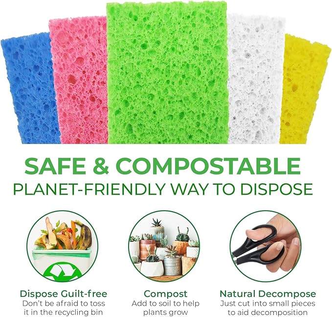 AIRNEX Biodegradable Scrubbing Pads for Dishes - Pack of 24 Coconut Fiber Scrub Pads for Dishes - Non Scratch Scouring Pads for Pots and Pans with Pack of 16 Cellulose Compressed Sponges