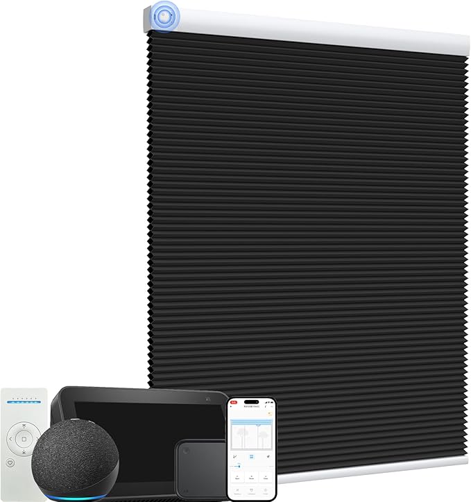 MYshade Motorized Cellular Shades - Smart Blinds Compatible with Alexa/Google Home/SmartThings, 100% Blackout Rechargeable Cordless Honeycomb Blinds, Custom-Size Auto Shades for Windows (Black)