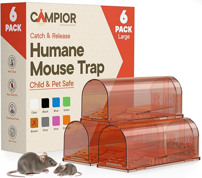 Campior Humane Mouse Trap Pack of 6, Live Mouse Traps Catch and Release for Indoors & Outdoors, Pet & Child Safe, 7.87" Reusable Plastic Mouse Cage with Spring Door, Cleaning Brush Included, Brown