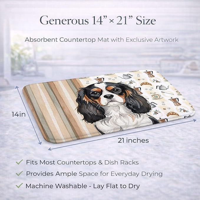 Caroline's Treasures Tricolor Cavalier Spaniel Coffee Bar Dish Drying Mat Absorbent Dish Drying Mat Pad for Kitchen Counter Dish Drainer Mat for Countertop, 14 x 21", Multicolor