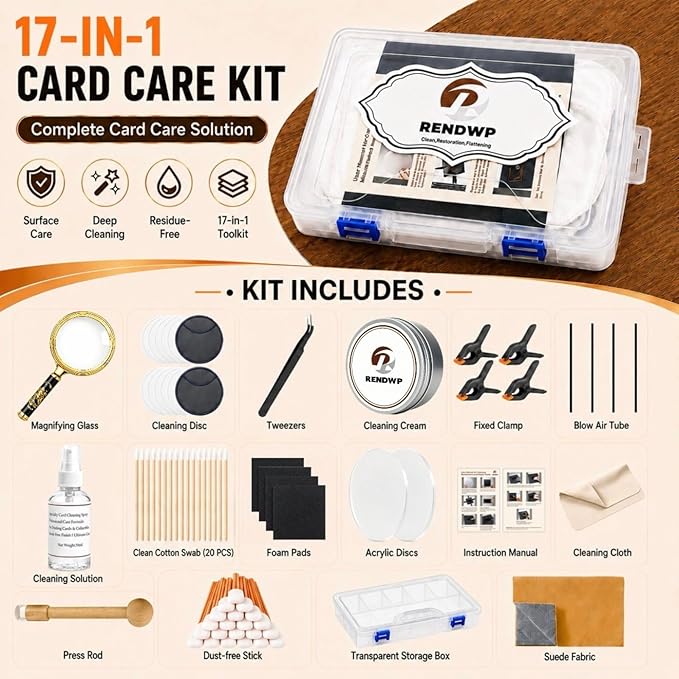 RENDWP 17-in-1 Trading Card Cleaning Care Kit with Clean Spray,Polish,Tweezers,Flattening Tool in Box for All Cards Restoration Repair and Grading Preparation and Flattenin Card Clean Accessories