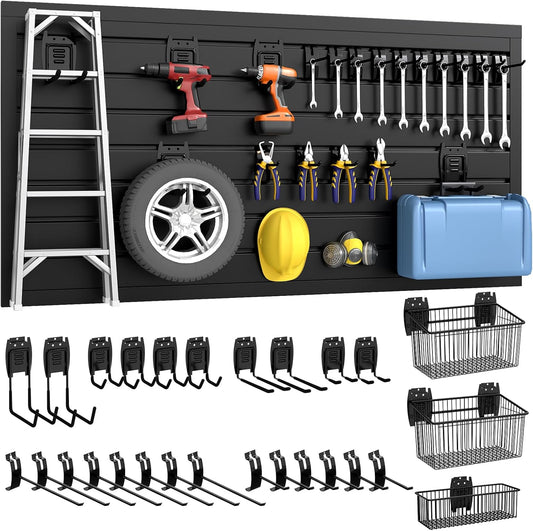 DoCred Slatwall Paneling Organizer, 4x2 FT PVC Garage Slat Wall Storage Systems, Heavy Duty Mounted Slat Peg Board for Tool Organization Ladder Bike Includes 27 PCS Hooks Accessories Kit (Black)