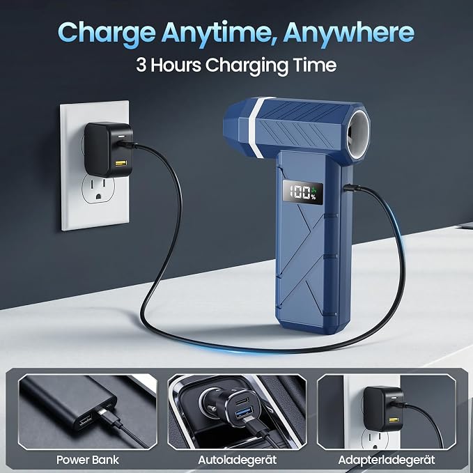 Dzaki Compressed Air Duster & Vacuum 2-in-1, 140000RPM Electric Air Duster, 4-Gear Adjustable Rechargeable Cordless Dust Blower with LED Light Fast Charging for Keyboard PC Car Home Outdoor-Navy