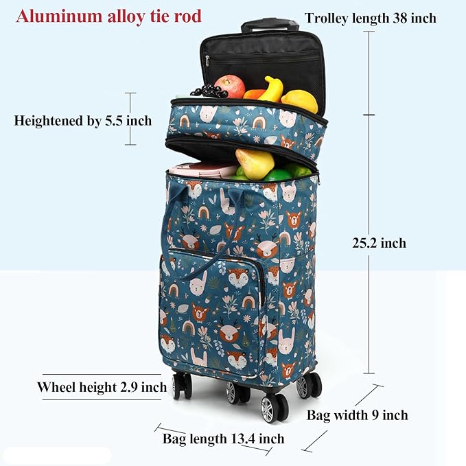 2 in 1 Shopping Cart with Wheels, Grocery, Portable Utility Dolly, Luggage Cart, Foldable Hand Truck with Built-in Removable Waterproof Bag for Shopping, Camping, Travel (Animal World)