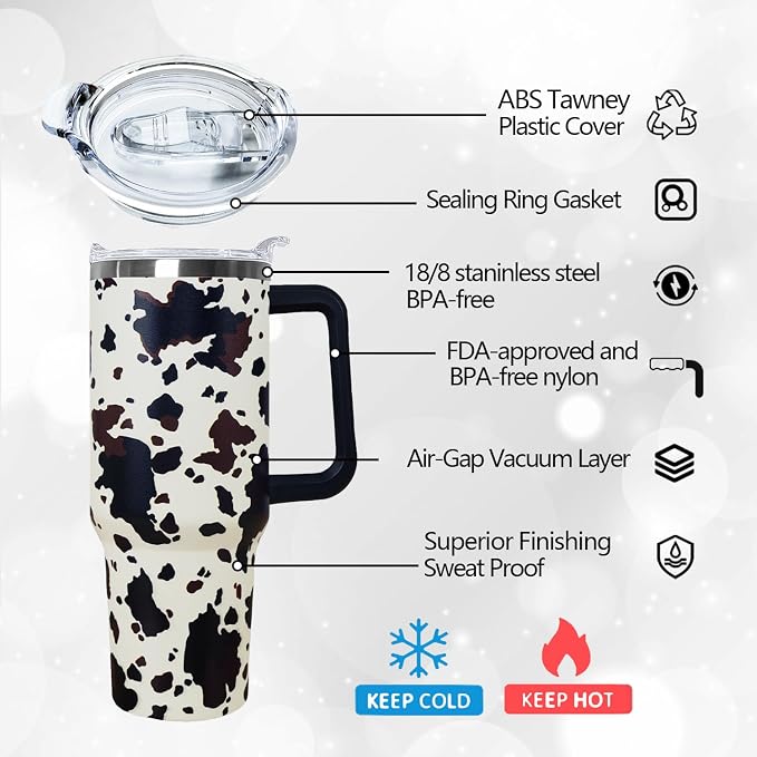 Ceovfoi 40 Oz Cow Print Tumbler With Handle,Cow Print Coffee Travel Mug Cup Water Bottle,Cow Print Decor,Cow Print Gifts for Women