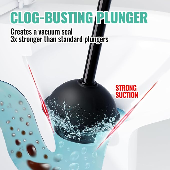 2PACK 3 in 1 Toilet Brush and Plunger Set with Crevice Cleaning Brush, Toilet Plunger and Brush Set with Extra Long Handle, Plungers for Bathroom Accessories, Bright Black