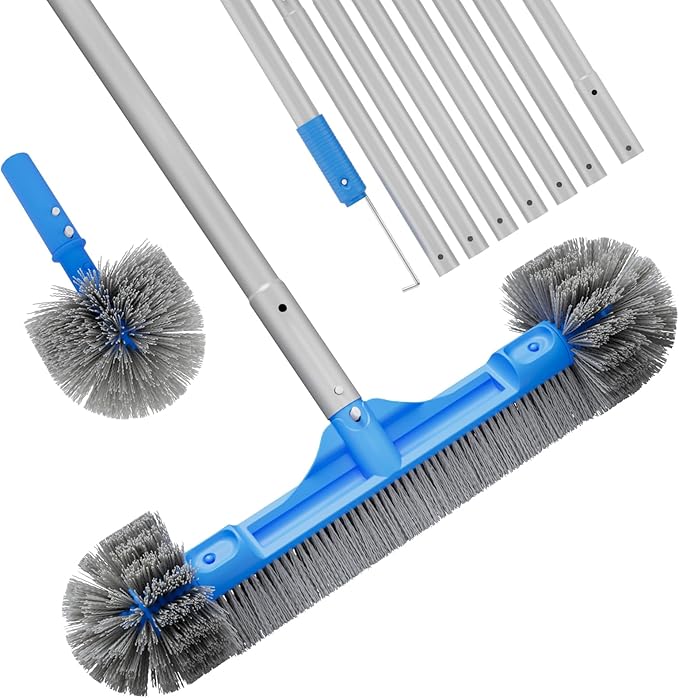 TidyMister Pool Brush Set - 20’’ 2-in-1 Detachable Round Brush with Extra Side Brush for Cleaning Hard-to-Reach Corners, 9 FT Aluminum Extended Pool Pole with Hidden Hook Retriever
