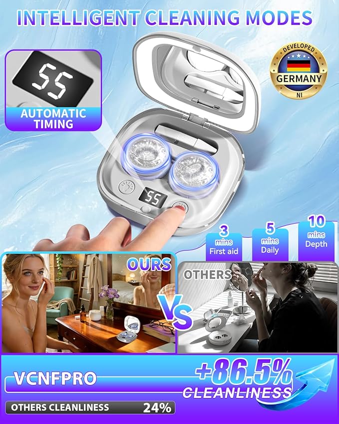 2025 Upgraded Ultrasonic Contact Lens Cleaner【50KHz Germany Super Motor】【Top1 Intelligent Chip-Smart Modes】 Gentle Cleaning & 99% Brightness, Portable Soft Contact Lens Care Tools Home Travel (Grey)